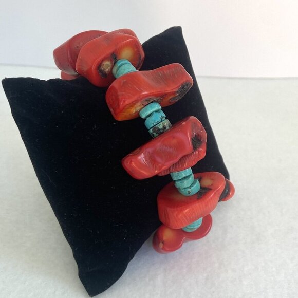VTG Southwest Chunky Red Coral & Heishi Turquoise Beaded Bracelet Fits 7" Wrist - Picture 11 of 16